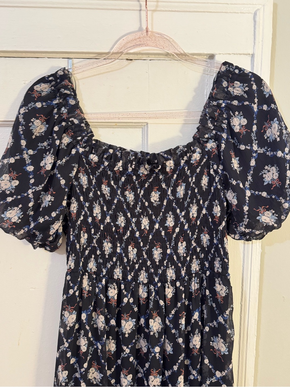 LC Lauren Conrad Smocked Midi Dress Ditsy Floral Ribbon Print NWT - Picture 2 of 6